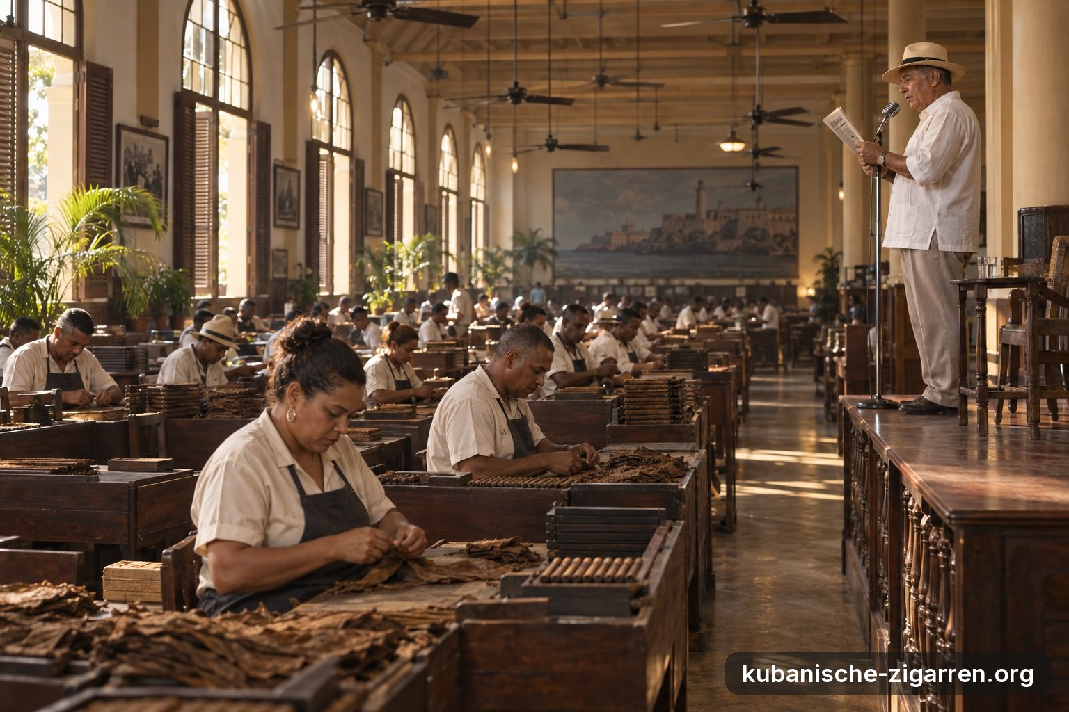 Rollsaal einer Zigarrenmanufaktur in Havanna, in dem ein Vorleser auf einem Podest vor Reihen von Zigarrenrollern liest