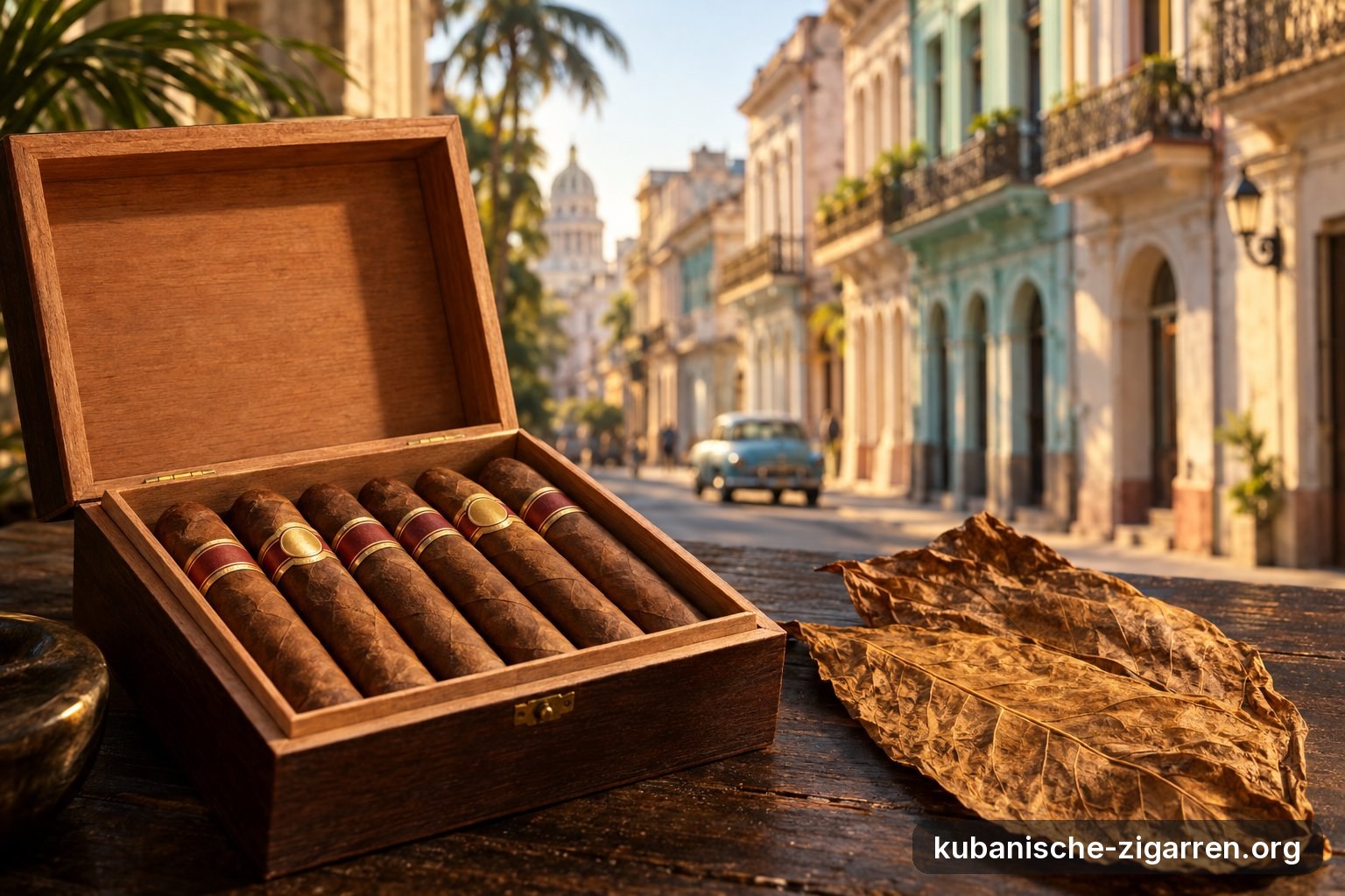 Kiste mit handgerollten Zigarren auf einem Holztisch, im Hintergrund unscharf eine Kolonialfassade in Havanna